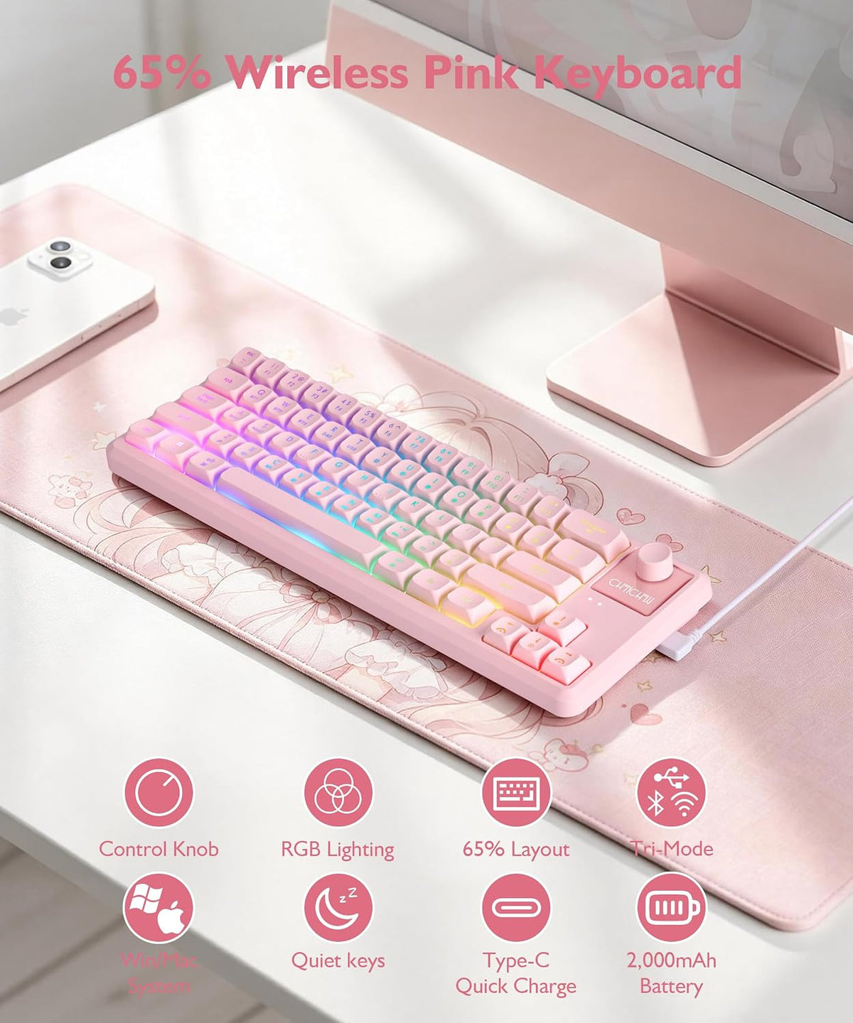 65% Wireless Gaming Pink Keyboard with RGB Light Up, Tri-mode, Volume Knob