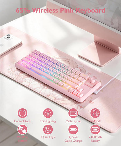 65% Wireless Gaming Pink Keyboard with RGB Light Up, Tri-mode, Volume Knob