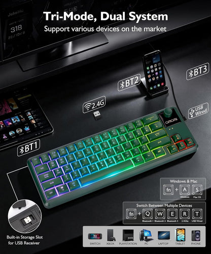 65% Wireless RGB Gaming Keyboard with Tri-Mode, LED/Volume Knob for WIN/Mac