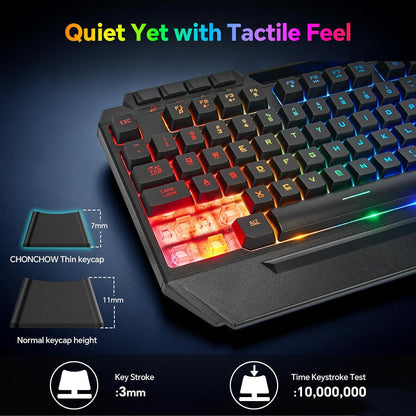 CHONCHOW Gaming Keyboard and Mouse Combo, USB Wired RGB Backlit Anti-Ghosting Silent Keyboard with Ergonomic Wrist Rest & Phone Holder, 7D 7200DPI Gaming Mouse for PC Gamer Xbox PS4 PS5 - CHONCHOW