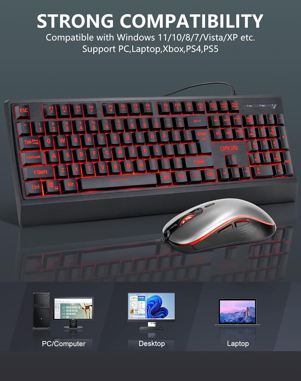 USB Wired Keyboard and Mouse Combo with Red-Yellow-Green LED, Silent Gaming Keyboard with 12 Mulitmedia Keys, Light Up Large Print for Elderly, Low Vision, RGB Backlit Mouse for PC Computer PS5 Laptop - CHONCHOW