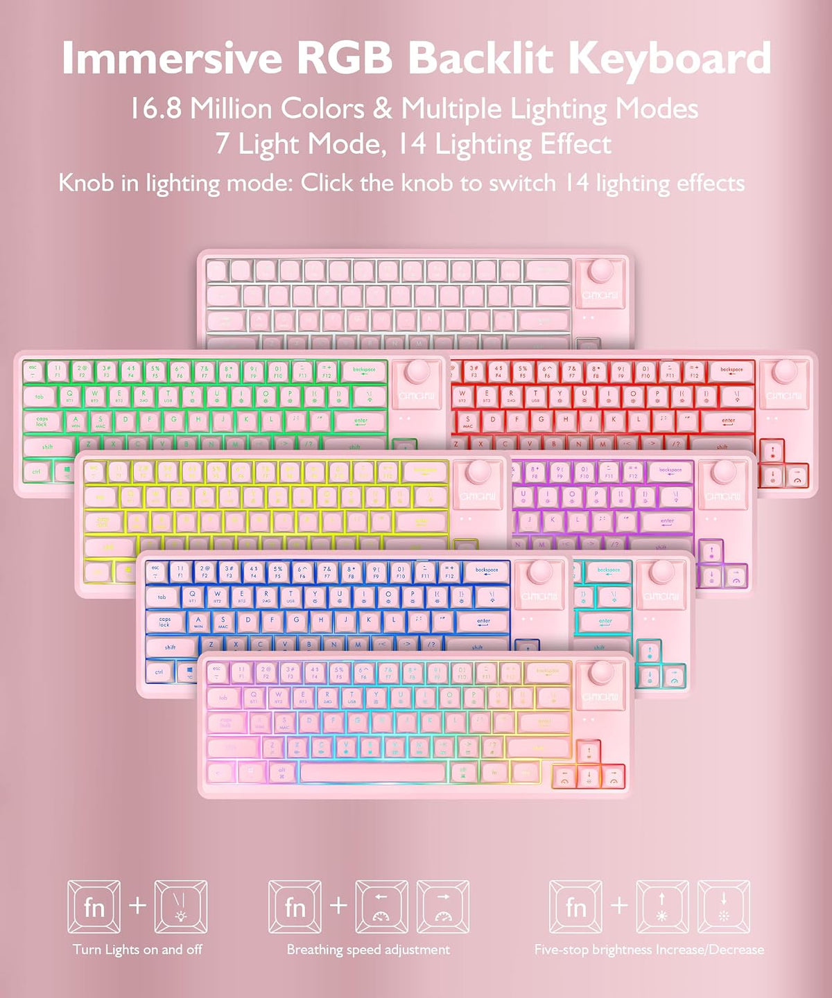 65% Wireless Gaming Pink Keyboard with RGB Light Up, Tri-mode, Volume Knob