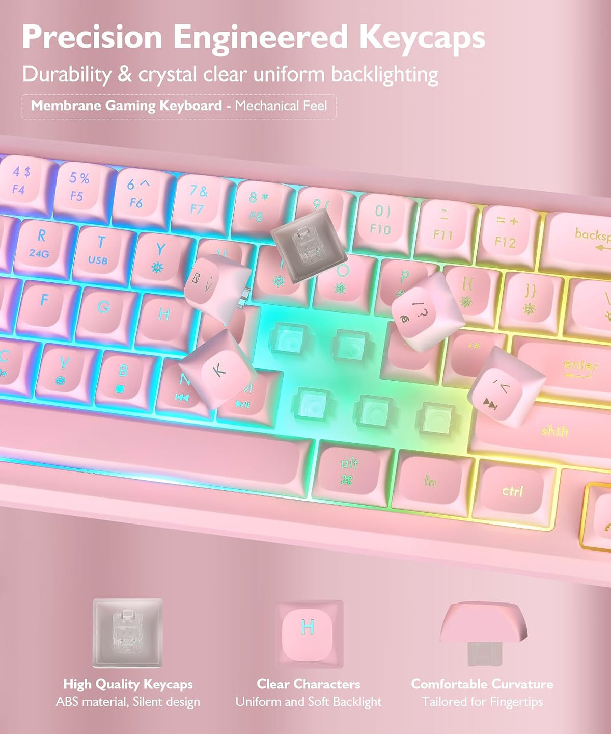 65% Wireless Gaming Pink Keyboard with RGB Light Up, Tri-mode, Volume Knob