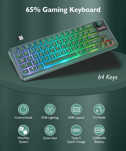 65% Wireless RGB Gaming Keyboard with Tri-Mode, LED/Volume Knob for WIN/Mac