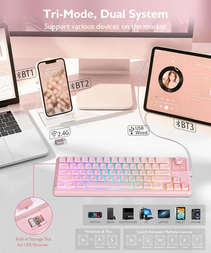 65% Wireless Gaming Pink Keyboard with RGB Light Up, Tri-mode, Volume Knob