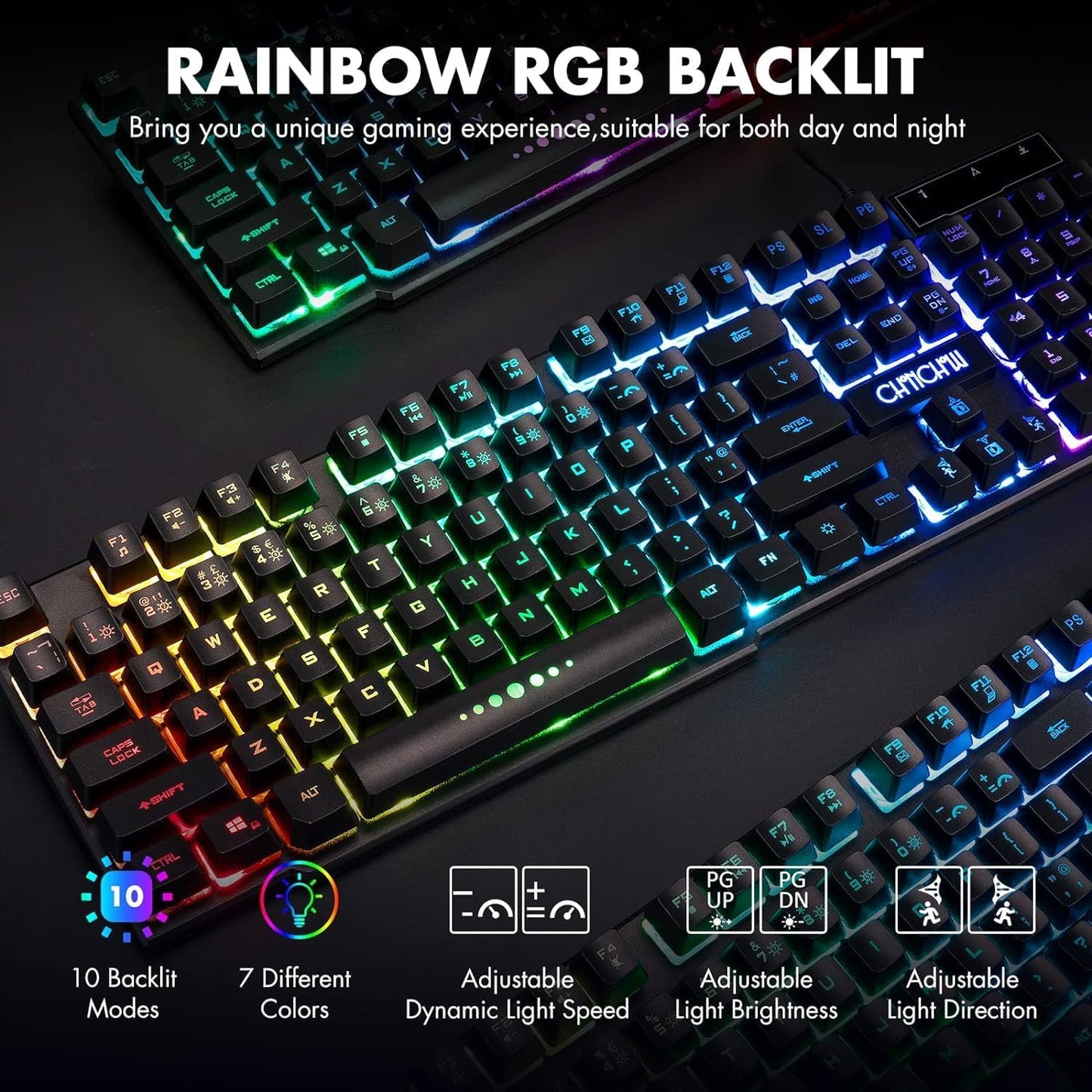 CHONCHOW RGB Gaming Keyboard and Mouse Combo, Adjustable Breathing Backlit Mechanical Feeling Keyboard with 7 Colors 3600DPI Backlight Mouse for PC Laptop PS4 PS5 Mac Xbox One Game and Work - CHONCHOW