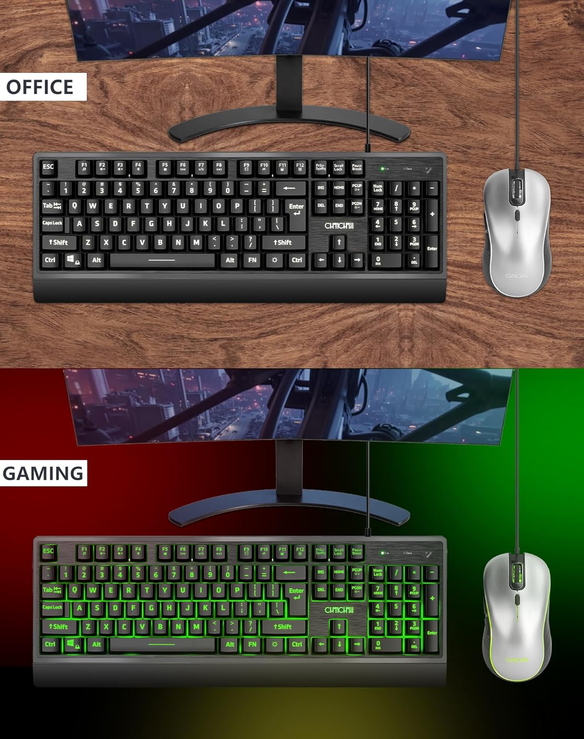 USB Wired Keyboard and Mouse Combo with Red-Yellow-Green LED, Silent Gaming Keyboard with 12 Mulitmedia Keys, Light Up Large Print for Elderly, Low Vision, RGB Backlit Mouse for PC Computer PS5 Laptop - CHONCHOW
