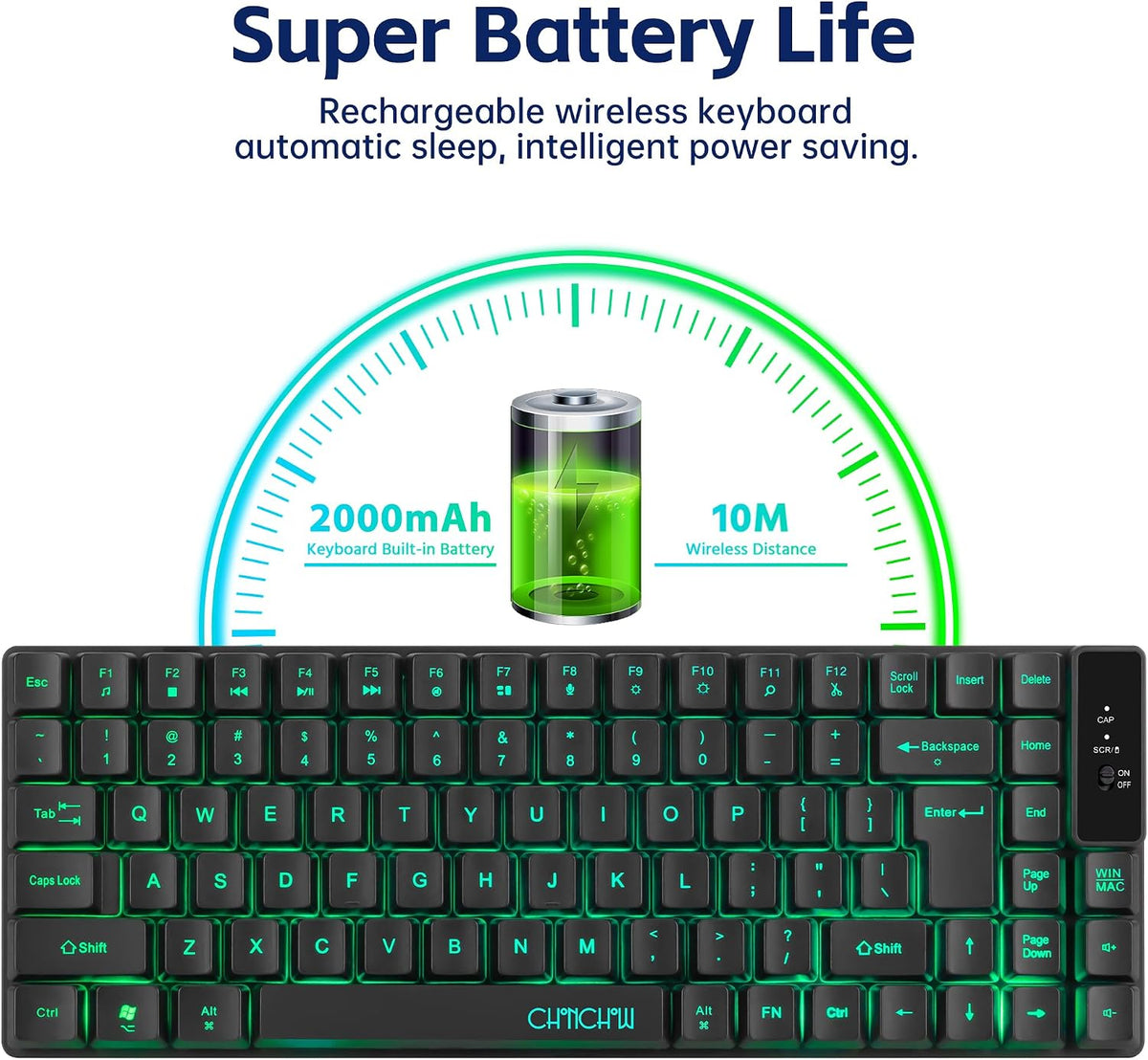 Wireless Keyboard, Rechargeable Mini Quiet Keyboard, Thin Tenkeyless
