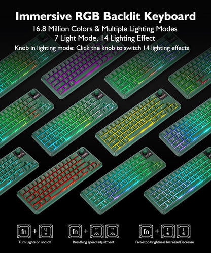 65% Wireless RGB Gaming Keyboard with Tri-Mode, LED/Volume Knob for WIN/Mac