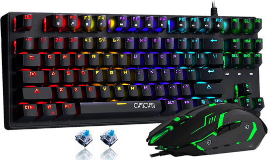 CHONCHOW Mechanical Gaming Keyboard and Mouse Combo- TKL 87 Keys Blue Switche RGB Rainbow Backlit Keyboard 3200DPI Mice with 6 Button Value Combo for PS4 Xbox Laptop Windows PC Gamer - CHONCHOW