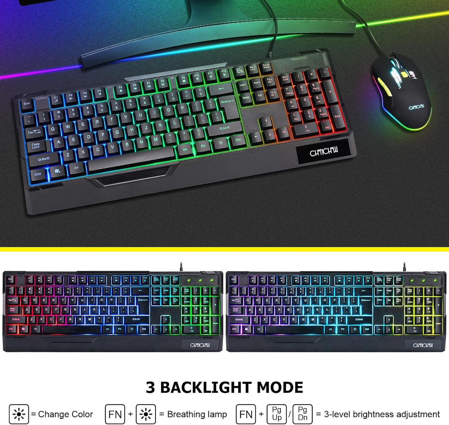 CHONCHOW Gaming Keyboard and Mouse Combo-Full Size Computer Keyboard RGB Backlit USB Wired Keyboards and Mouse 3200DPI&Mousepad 3in1 Ergonomic Design for PC Laptop Desktop PS4 Xbox - CHONCHOW