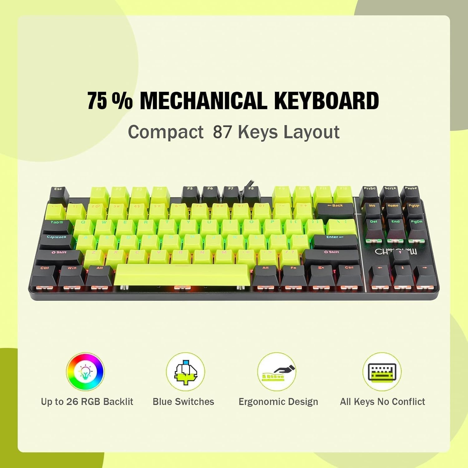 75% Mechanical Gaming Keyboard and Mouse Combo, LED Backlit Compact 87 Keys Mini Keyboard with Blue Switch, Ergonomic RGB Gaming Mouse, Full Anti-Ghost Wired Keyboards for PC Laptop Gamer - CHONCHOW