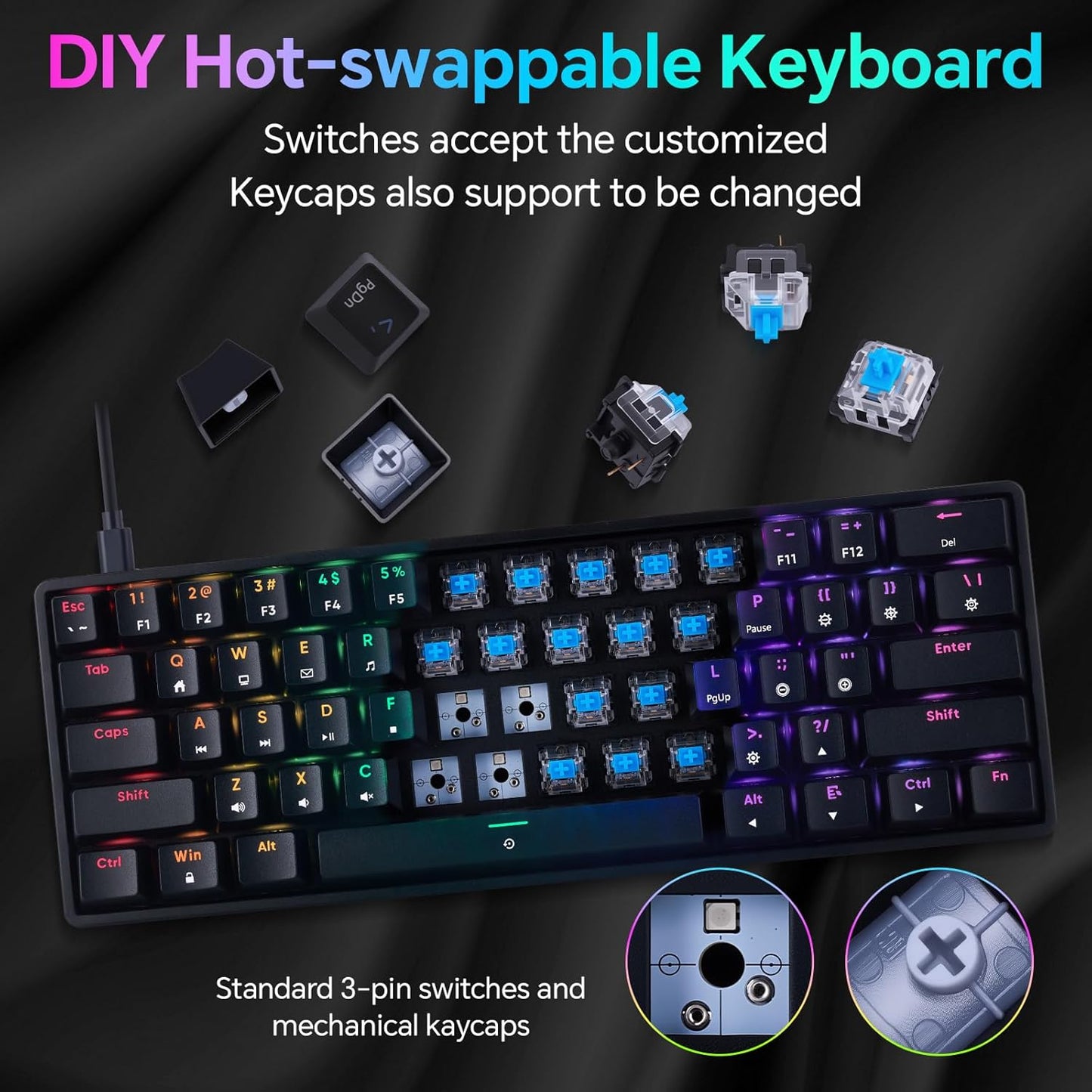 Mechanical 60% Gaming RGB Keyboard 61 Keys Wired USB DIY Customize Backlight Macro keypad Ultra-Compact Blue Switches Compatible with Windows Mac Linux Laptop PC Computer(Black) - CHONCHOW