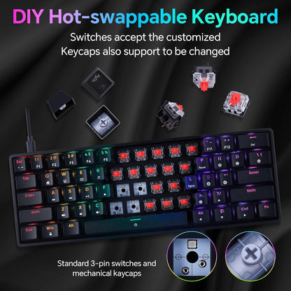 CHONCHOW Mechanical Keyboard 61 Keys Gaming RGB USB Wired Red Switch Programmable Ultra-Compact Keypad Compatible with Windows 7/8/10 iMac Xbox one X Ps4(Black,red Switch) - CHONCHOW