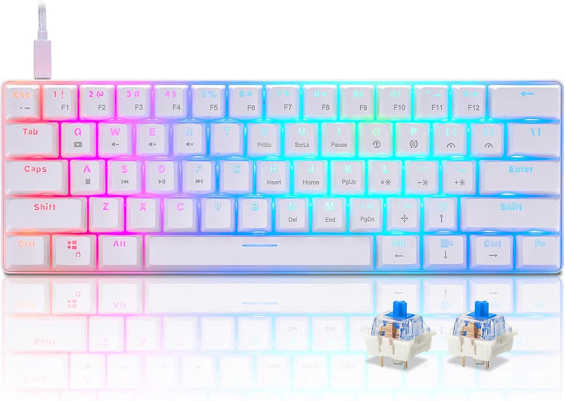 Mechanical 60% Keyboard RGB 1680M Color Backlit Compact Mini 61 Key Blue Switch Portable Keypad Compatible with Windows iMac Laptop PC Computer Office Gamer(White)