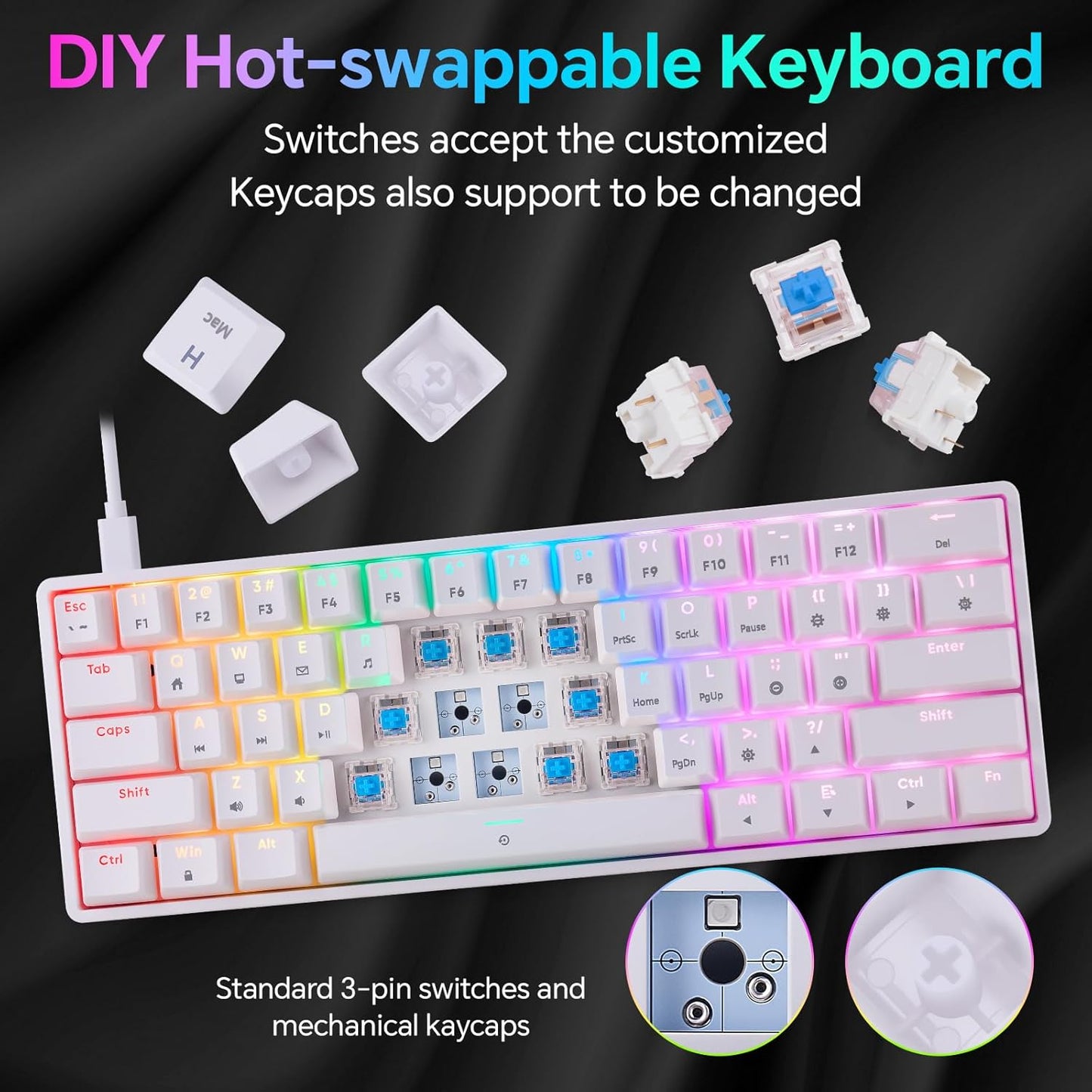 Mechanical 60% Keyboard RGB 1680M Color Backlit Compact Mini 61 Key Blue Switch Portable Keypad Compatible with Windows iMac Laptop PC Computer Office Gamer(White) - CHONCHOW