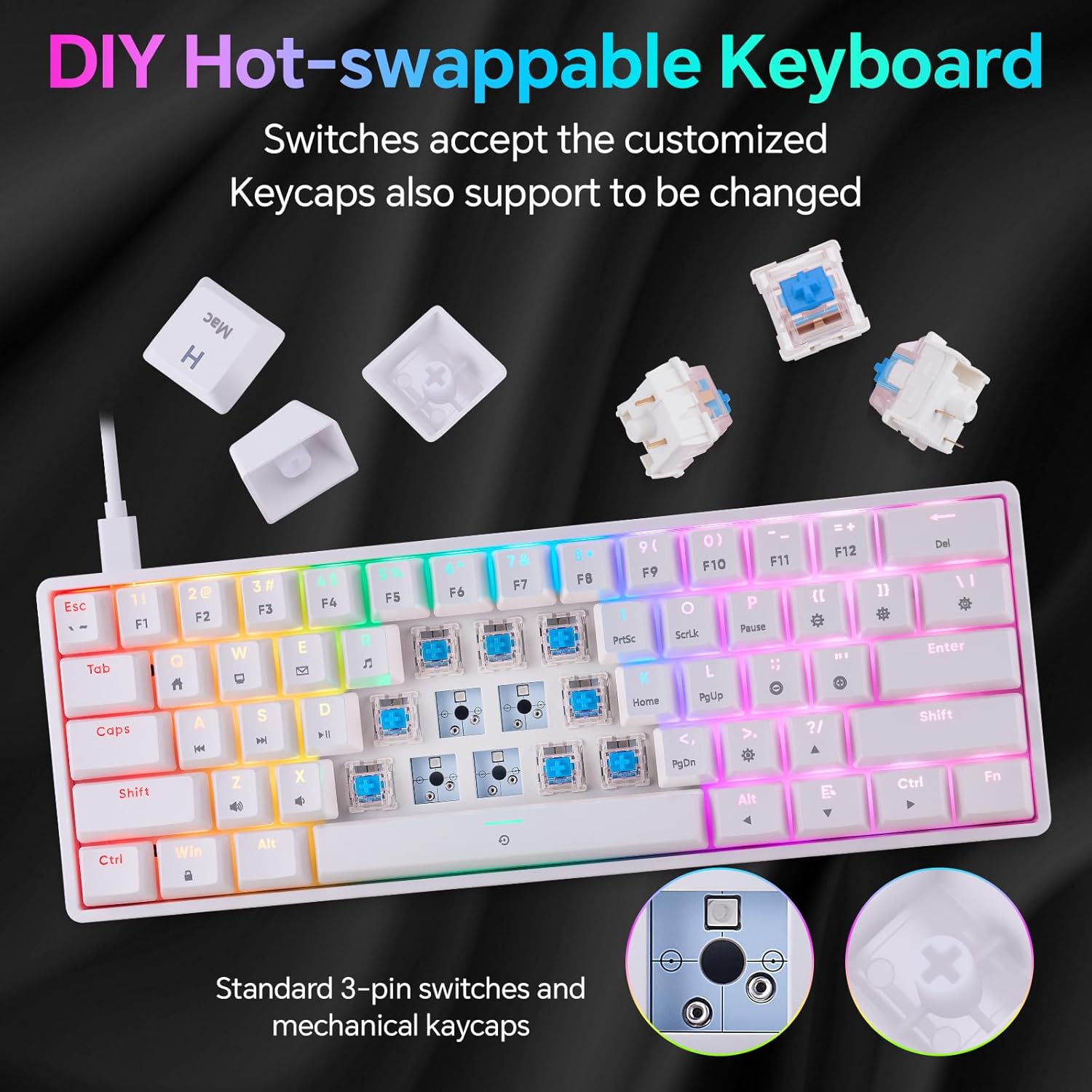 Mechanical 60% Keyboard RGB 1680M Color Backlit Compact Mini 61 Key Blue Switch Portable Keypad Compatible with Windows iMac Laptop PC Computer Office Gamer(White) - CHONCHOW