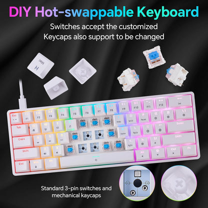 Mechanical 60% Keyboard RGB 1680M Color Backlit Compact Mini 61 Key Blue Switch Portable Keypad Compatible with Windows iMac Laptop PC Computer Office Gamer(White) - CHONCHOW