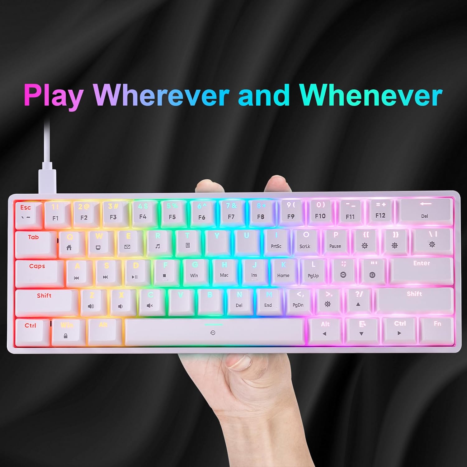 Mechanical 60% Keyboard RGB 1680M Color Backlit Compact Mini 61 Key Blue Switch Portable Keypad Compatible with Windows iMac Laptop PC Computer Office Gamer(White) - CHONCHOW