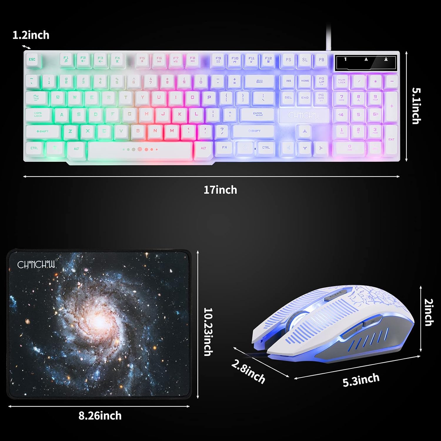 Gaming Keyboard and Mouse Wired CHOCNHOW White Keyboard Rainbow Backlit,Light Up Keys, Multimedia Keys, Waterproof Compatible with PC Laptop Xbox Ps4/Ps5 Work/Gamer - CHONCHOW