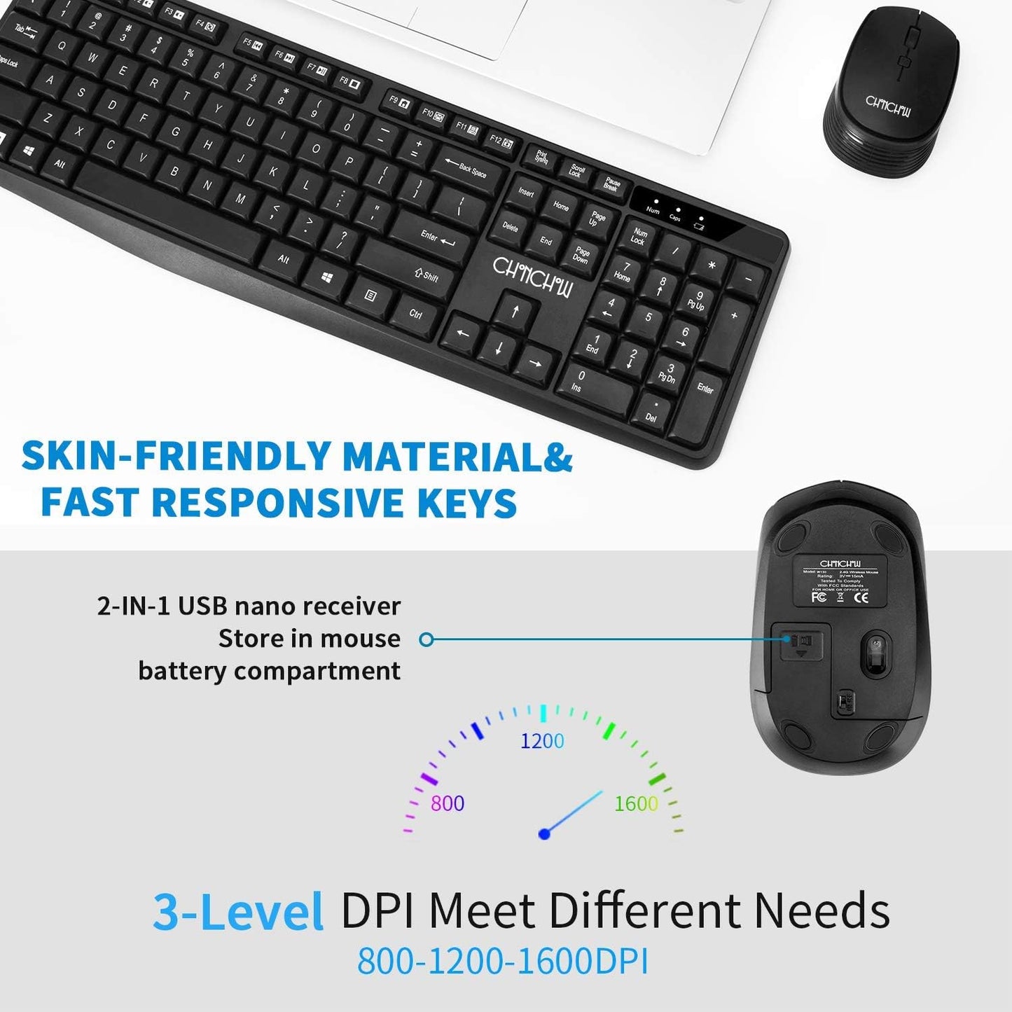 Wireless Keyboard and Mouse 2.4GHz USB Cordless Combo Portable Full-Size Key Board Adjustable DPI Mini Mice Compatible with PC iMac MacBook Surface Laptop Tablet Resberry Pi with USB-A - CHONCHOW