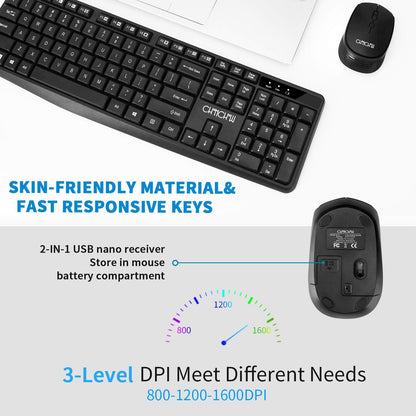 Wireless Keyboard and Mouse 2.4GHz USB Cordless Combo Portable Full-Size Key Board Adjustable DPI Mini Mice Compatible with PC iMac MacBook Surface Laptop Tablet Resberry Pi with USB-A - CHONCHOW