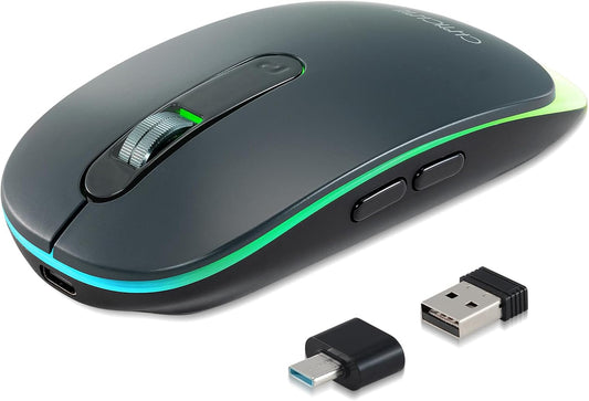 Wireless LED Mouse Rechargeable 2.4GHz/Bluetooth Multi Connect Method Silent Slim with Big Exchangeable Battery 1600DPi USB compatible with Mac Windows for PC laptop office with C-adapter cord manual