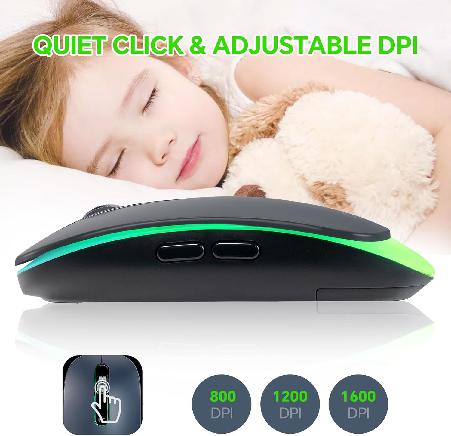 Wireless LED Mouse Rechargeable 2.4GHz/Bluetooth Multi Connect Method Silent Slim with Big Exchangeable Battery 1600DPi USB compatible with Mac Windows for PC laptop office with C-adapter cord manual - CHONCHOW