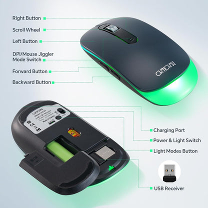 Wireless LED Mouse Rechargeable 2.4GHz/Bluetooth Multi Connect Method Silent Slim with Big Exchangeable Battery 1600DPi USB compatible with Mac Windows for PC laptop office with C-adapter cord manual - CHONCHOW
