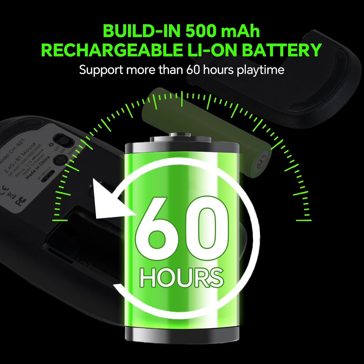 Wireless LED Mouse Rechargeable 2.4GHz/Bluetooth Multi Connect Method Silent Slim with Big Exchangeable Battery 1600DPi USB compatible with Mac Windows for PC laptop office with C-adapter cord manual - CHONCHOW