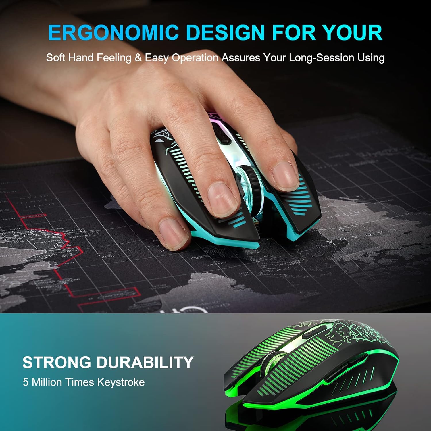 CHONCHOW Wireless Gaming Mouse Rechargeable LED Backlit 2.4G USB Receiver 3600 DPI Cordless Portable High Performance Compatible with PC Laptop MacBook iMac PS4 PS5 Switch Xbox one x(Black) - CHONCHOW