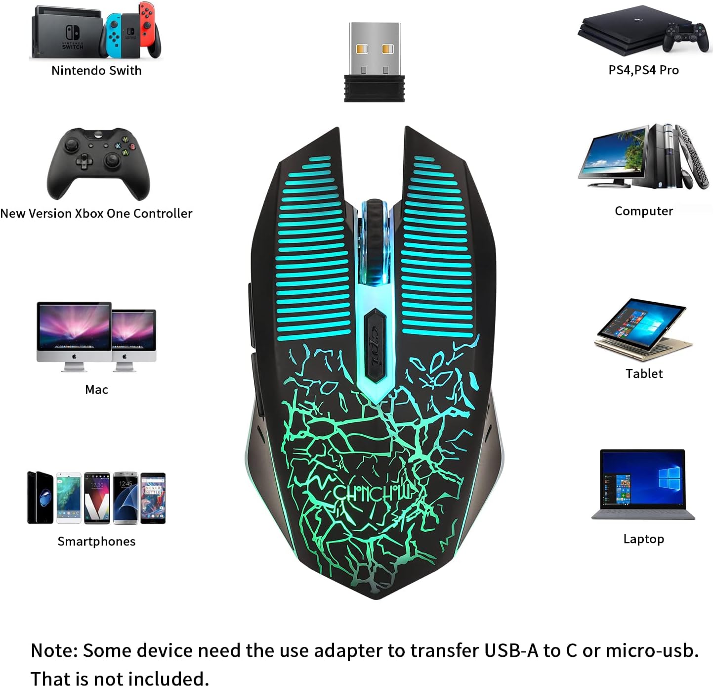 CHONCHOW Wireless Gaming Mouse Rechargeable LED Backlit 2.4G USB Receiver 3600 DPI Cordless Portable High Performance Compatible with PC Laptop MacBook iMac PS4 PS5 Switch Xbox one x(Black) - CHONCHOW