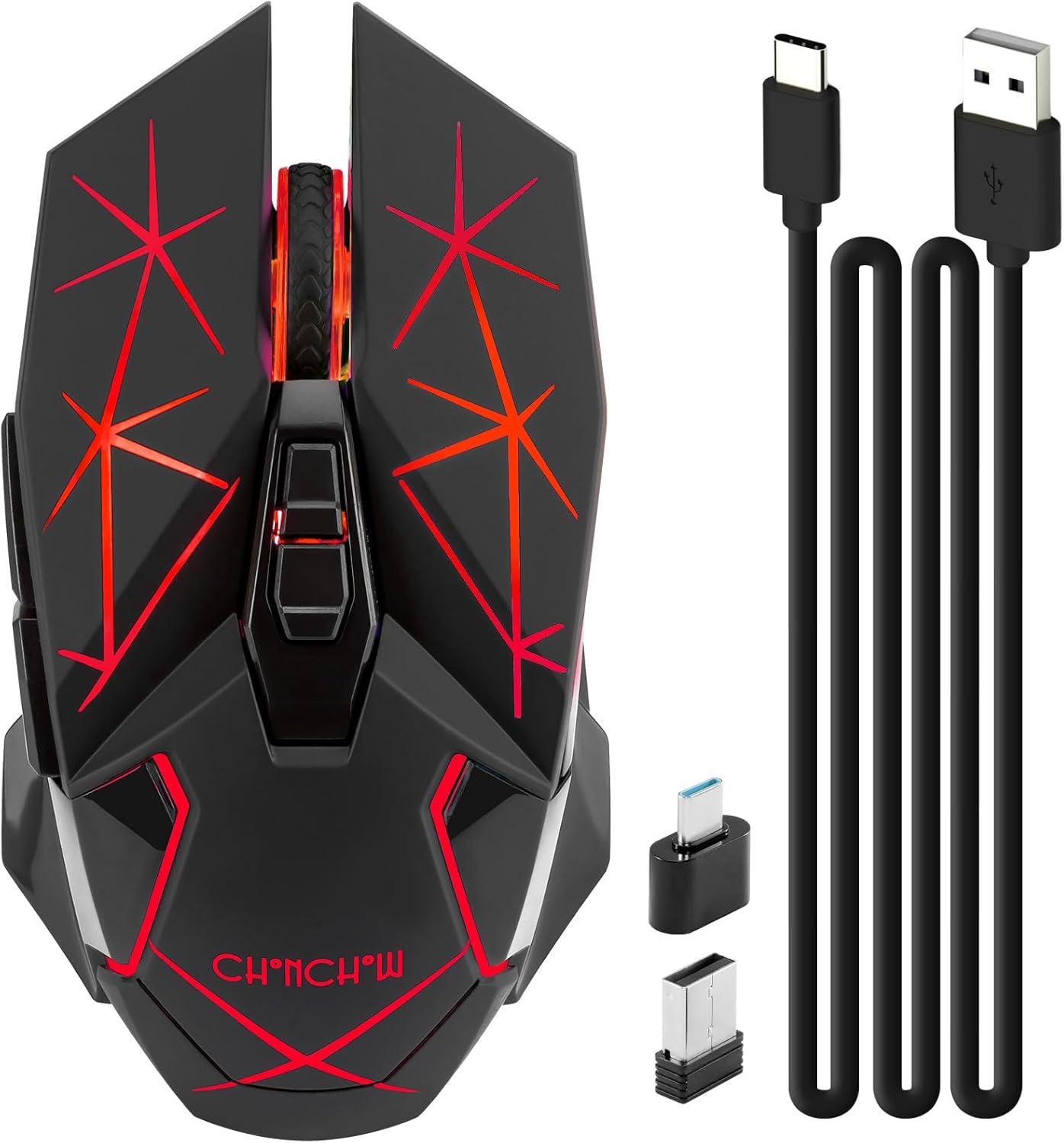 CHONCHOW Rechargeable Wireless Gaming Mouse, Colorful LED Lights, 7 Buttons, USB C, Up to 3200 DPI, 2.4Ghz Cordless Computer Gamer Mice with Side Buttons for PC Laptop Mac Chromebook Windows, Black - CHONCHOW
