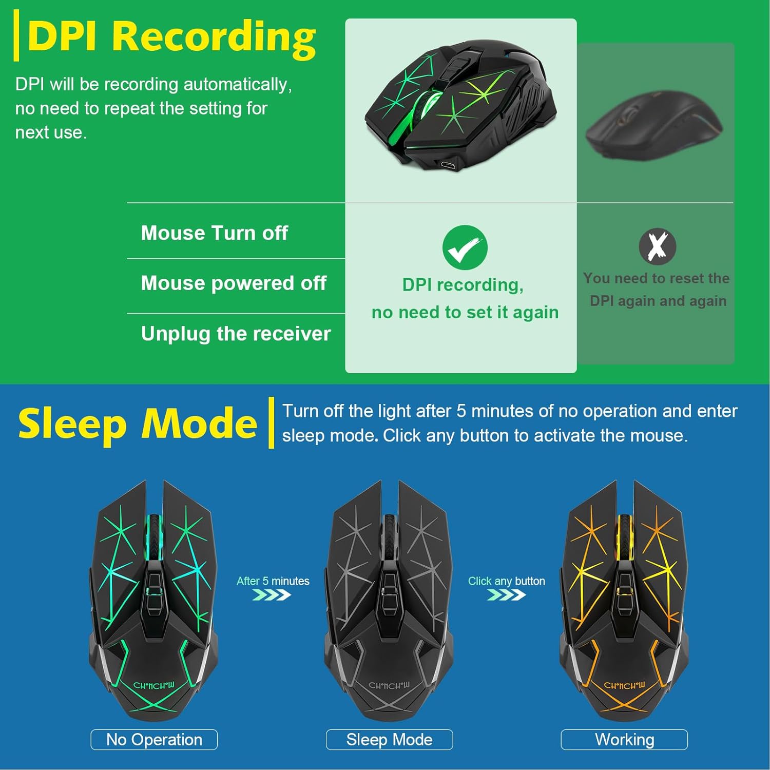 CHONCHOW Rechargeable Wireless Gaming Mouse, Colorful LED Lights, 7 Buttons, USB C, Up to 3200 DPI, 2.4Ghz Cordless Computer Gamer Mice with Side Buttons for PC Laptop Mac Chromebook Windows, Black - CHONCHOW