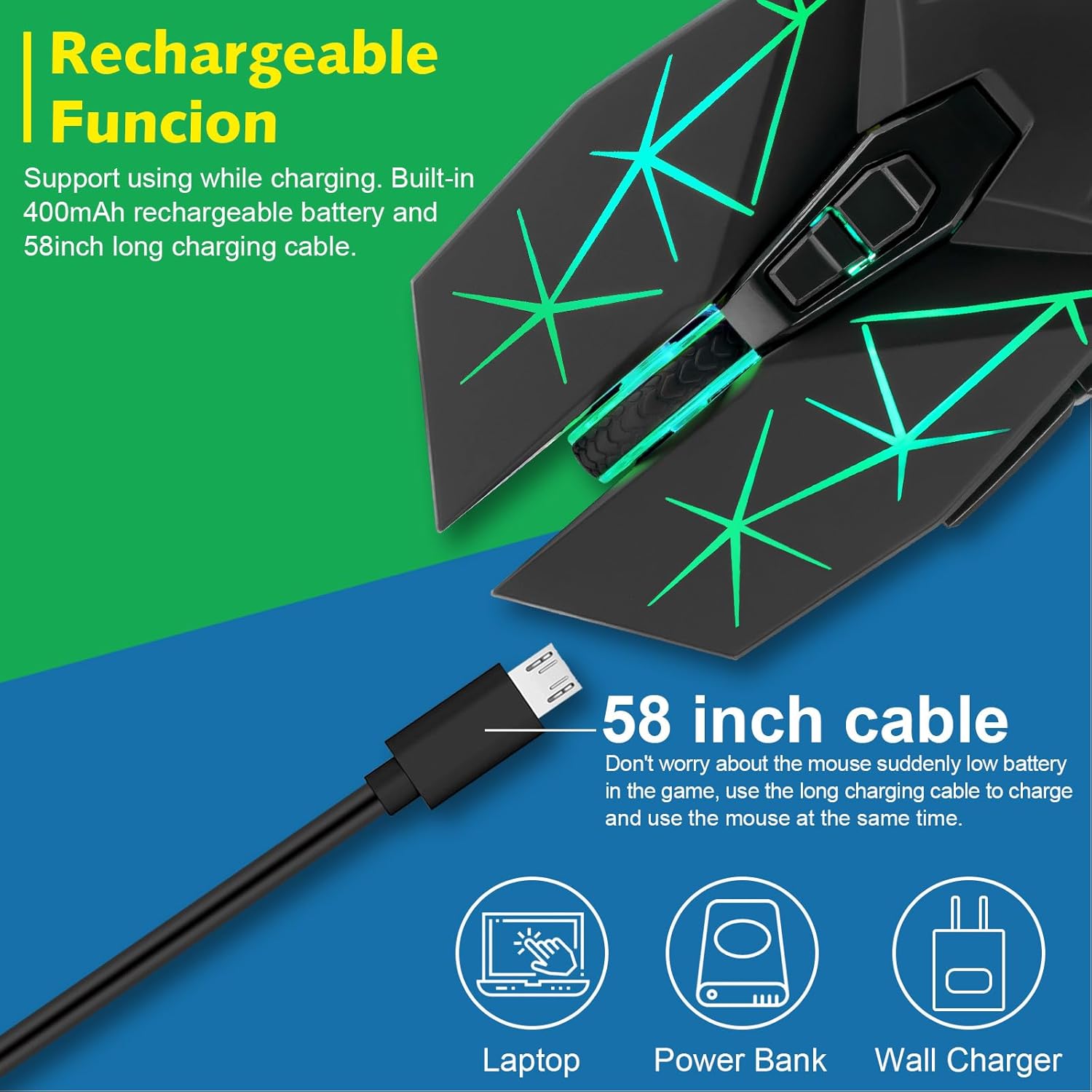 CHONCHOW Rechargeable Wireless Gaming Mouse, Colorful LED Lights, 7 Buttons, USB C, Up to 3200 DPI, 2.4Ghz Cordless Computer Gamer Mice with Side Buttons for PC Laptop Mac Chromebook Windows, Black - CHONCHOW