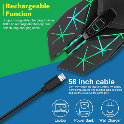 CHONCHOW Rechargeable Wireless Gaming Mouse, Colorful LED Lights, 7 Buttons, USB C, Up to 3200 DPI, 2.4Ghz Cordless Computer Gamer Mice with Side Buttons for PC Laptop Mac Chromebook Windows, Black - CHONCHOW