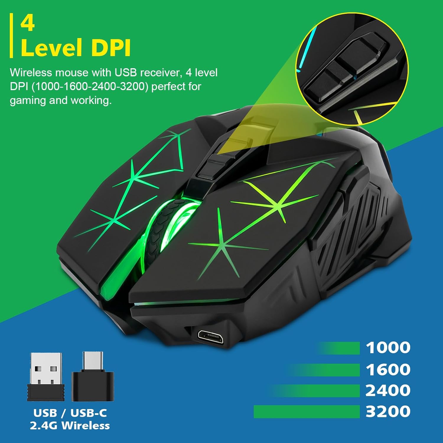 CHONCHOW Rechargeable Wireless Gaming Mouse, Colorful LED Lights, 7 Buttons, USB C, Up to 3200 DPI, 2.4Ghz Cordless Computer Gamer Mice with Side Buttons for PC Laptop Mac Chromebook Windows, Black - CHONCHOW