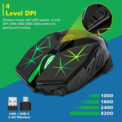 CHONCHOW Rechargeable Wireless Gaming Mouse, Colorful LED Lights, 7 Buttons, USB C, Up to 3200 DPI, 2.4Ghz Cordless Computer Gamer Mice with Side Buttons for PC Laptop Mac Chromebook Windows, Black - CHONCHOW