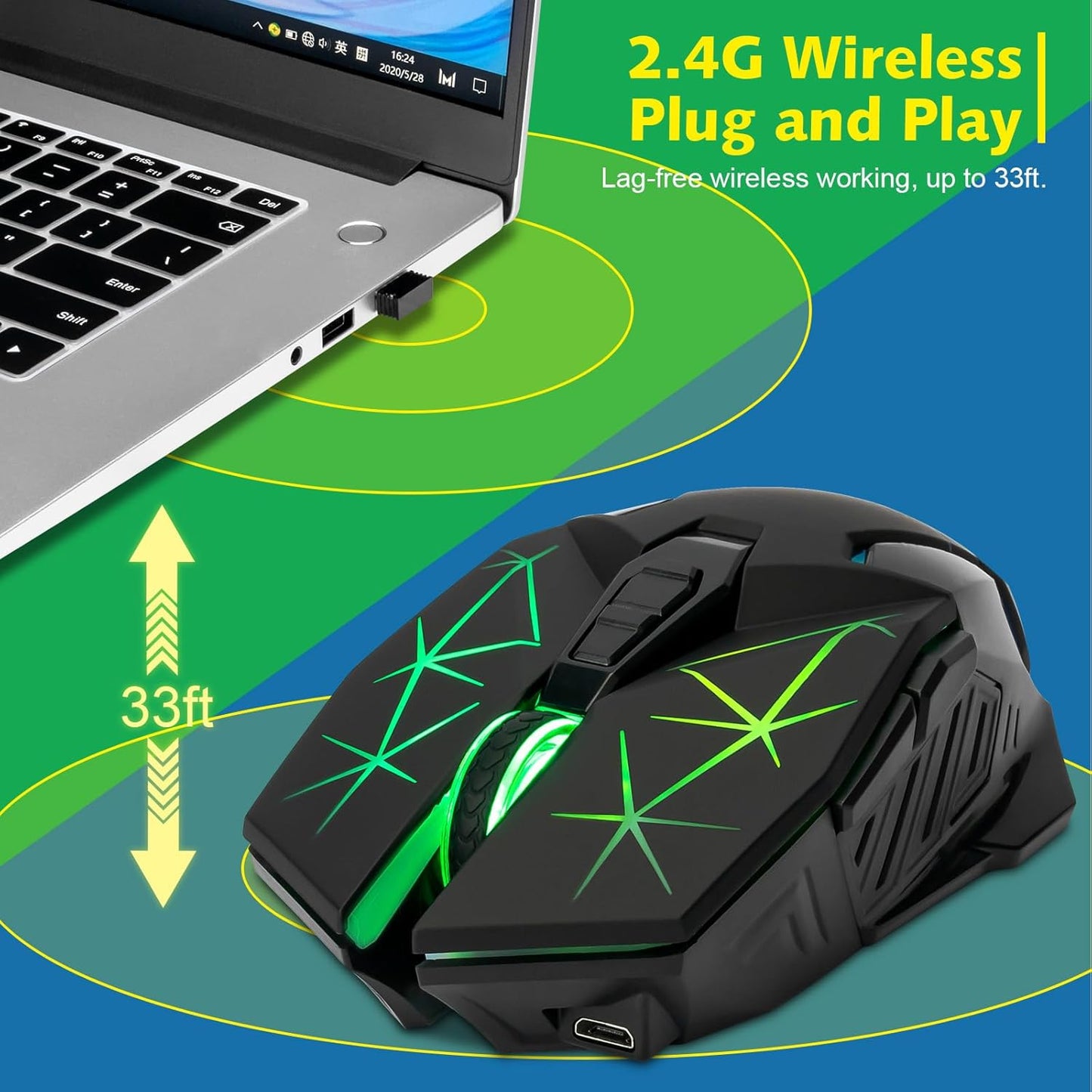 CHONCHOW Rechargeable Wireless Gaming Mouse, Colorful LED Lights, 7 Buttons, USB C, Up to 3200 DPI, 2.4Ghz Cordless Computer Gamer Mice with Side Buttons for PC Laptop Mac Chromebook Windows, Black - CHONCHOW