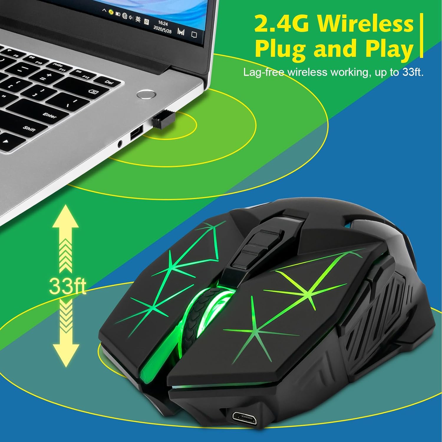 CHONCHOW Rechargeable Wireless Gaming Mouse, Colorful LED Lights, 7 Buttons, USB C, Up to 3200 DPI, 2.4Ghz Cordless Computer Gamer Mice with Side Buttons for PC Laptop Mac Chromebook Windows, Black - CHONCHOW