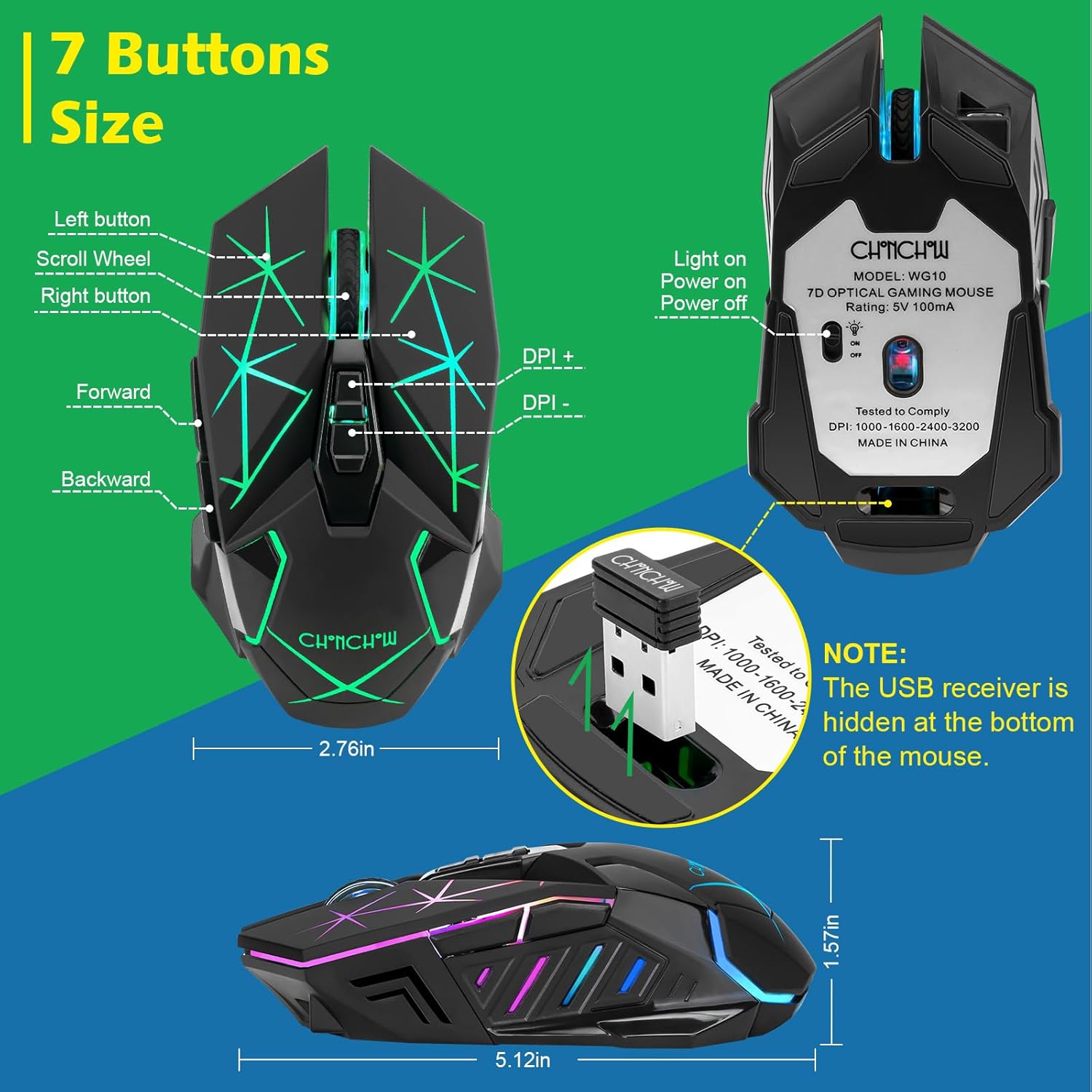 CHONCHOW Rechargeable Wireless Gaming Mouse, Colorful LED Lights, 7 Buttons, USB C, Up to 3200 DPI, 2.4Ghz Cordless Computer Gamer Mice with Side Buttons for PC Laptop Mac Chromebook Windows, Black - CHONCHOW