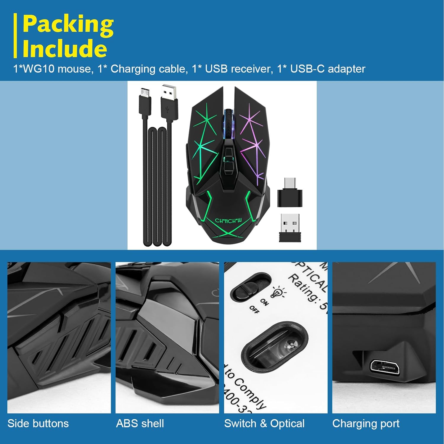 CHONCHOW Rechargeable Wireless Gaming Mouse, Colorful LED Lights, 7 Buttons, USB C, Up to 3200 DPI, 2.4Ghz Cordless Computer Gamer Mice with Side Buttons for PC Laptop Mac Chromebook Windows, Black - CHONCHOW