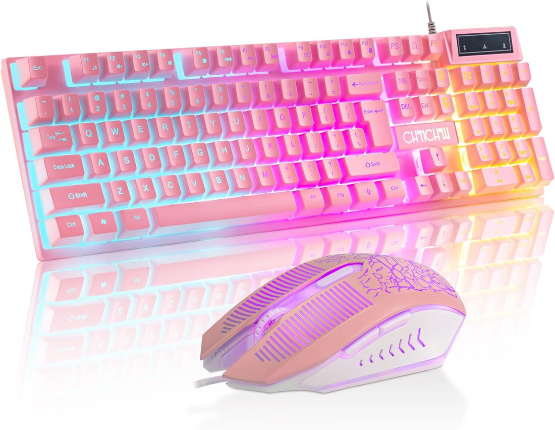 CHONCHOW Pink Gaming Keyboard and Mouse Combo with LED, 104 Keys Wired Light Up Pink Keyboard and Cute Mouse Set for PC Laptop Computer PS4 PS5 Xbox, 19 Keys Anti-ghosting, Multimedia Keys, Number Pad