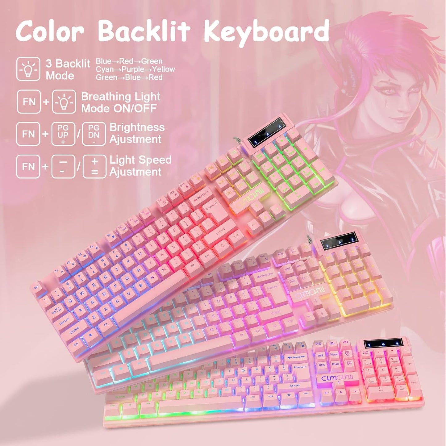 CHONCHOW Pink Keyboard and Mouse Combo with Backlit, Function Keys, 19 Keys Anti-ghosting for Gamer on PC Laptop Computer Mac PS4 Xbox, Cute Wired Light Up Gaming Keyboard & RGB Mouse for Girl Women - CHONCHOW