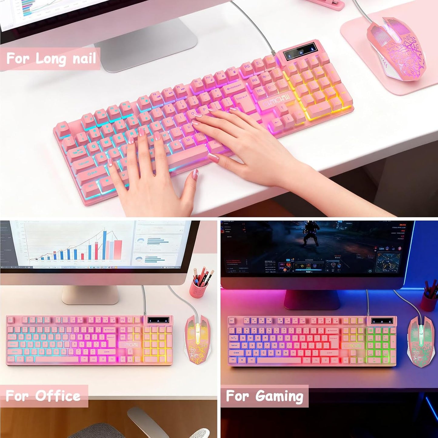 CHONCHOW Pink Gaming Keyboard and Mouse Combo with LED, 104 Keys Wired Light Up Pink Keyboard and Cute Mouse Set for PC Laptop Computer PS4 PS5 Xbox, 19 Keys Anti-ghosting, Multimedia Keys, Number Pad - CHONCHOW