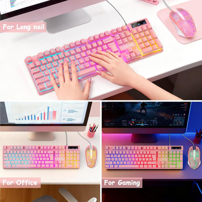 CHONCHOW Pink Gaming Keyboard and Mouse Combo with LED, 104 Keys Wired Light Up Pink Keyboard and Cute Mouse Set for PC Laptop Computer PS4 PS5 Xbox, 19 Keys Anti-ghosting, Multimedia Keys, Number Pad - CHONCHOW