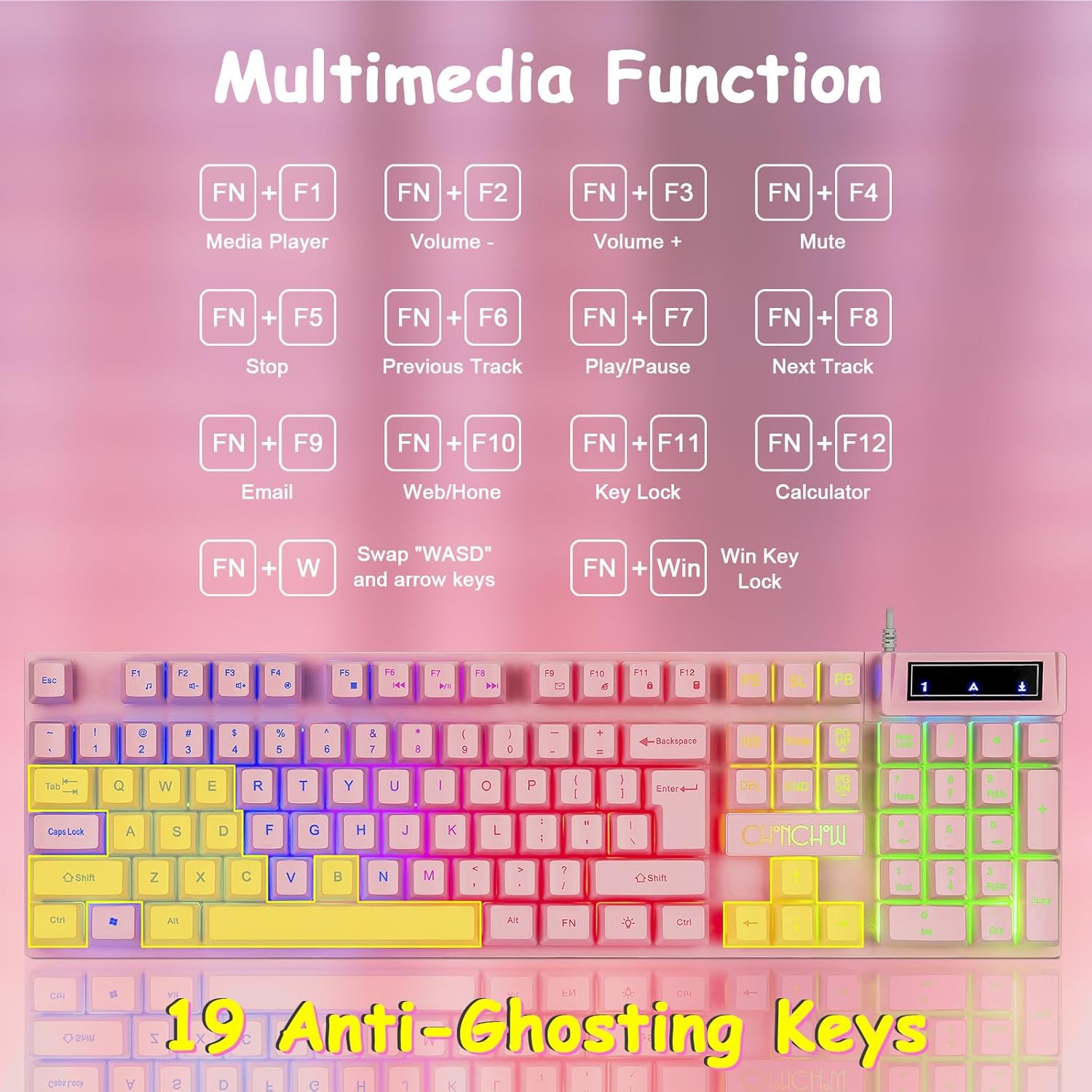 CHONCHOW Pink Keyboard and Mouse Combo with Backlit, Function Keys, 19 Keys Anti-ghosting for Gamer on PC Laptop Computer Mac PS4 Xbox, Cute Wired Light Up Gaming Keyboard & RGB Mouse for Girl Women - CHONCHOW