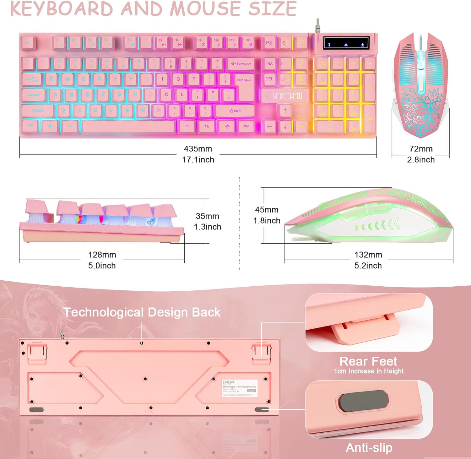 CHONCHOW Pink Gaming Keyboard and Mouse Combo with LED, 104 Keys Wired Light Up Pink Keyboard and Cute Mouse Set for PC Laptop Computer PS4 PS5 Xbox, 19 Keys Anti-ghosting, Multimedia Keys, Number Pad - CHONCHOW