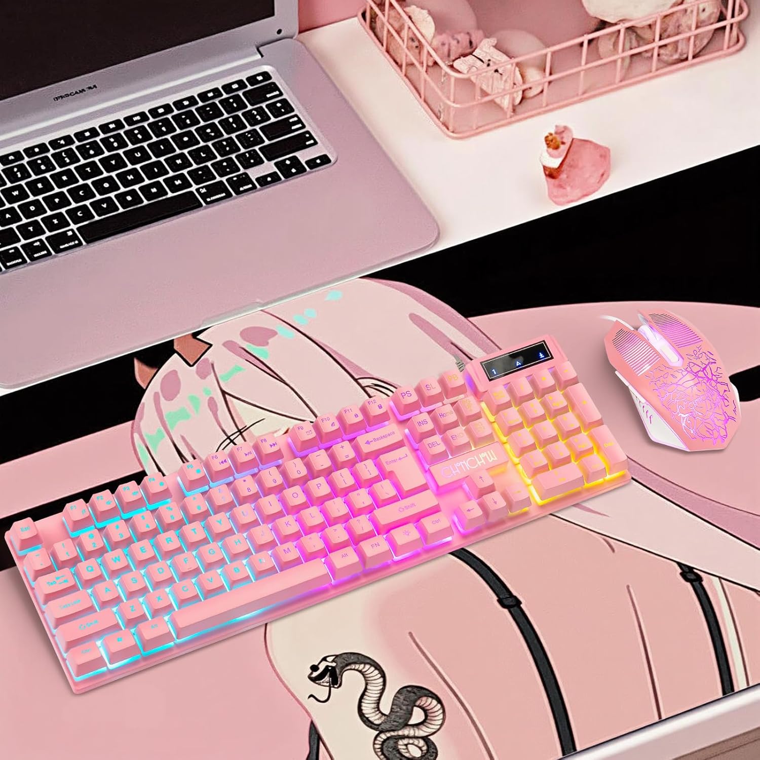 CHONCHOW Pink Gaming Keyboard and Mouse Combo with LED, 104 Keys Wired Light Up Pink Keyboard and Cute Mouse Set for PC Laptop Computer PS4 PS5 Xbox, 19 Keys Anti-ghosting, Multimedia Keys, Number Pad - CHONCHOW