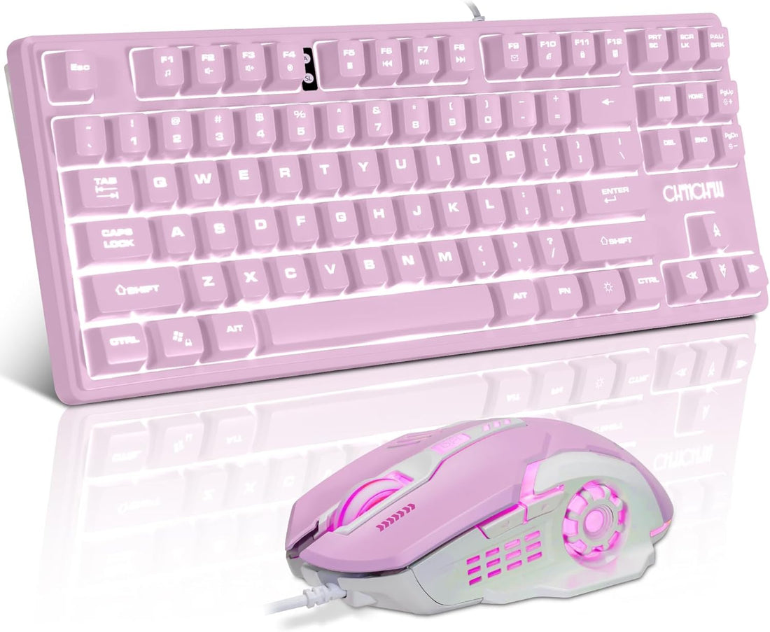 CHONCHOW LED Keyboard and Mouse Combo,Wired 87 Key Mechanical Feel Anti-ghosting Backlight Keyboard with Multimedia Keys for Windows, Mac Desktop/Laptop/PC (Purple)